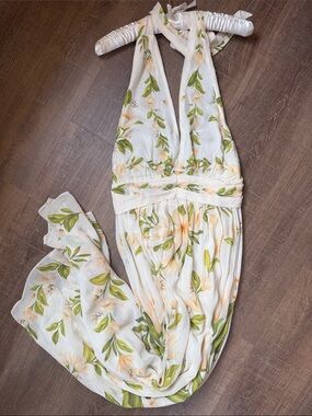 Anthropologie Cream Maxi Dress with Green & Peach Floral Print